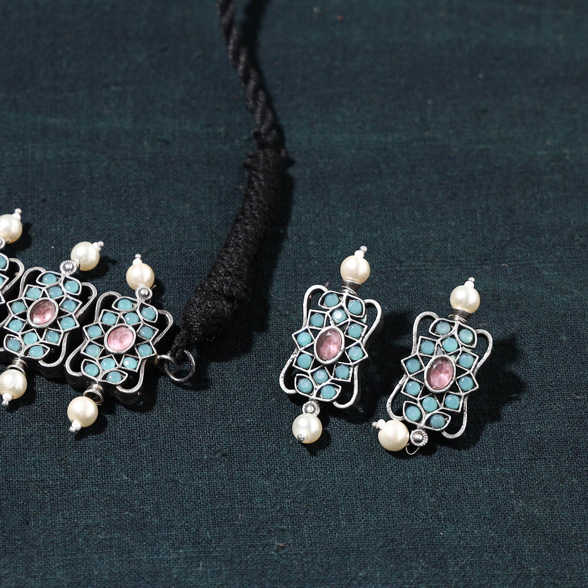 Antique Silver Finish Oxidised Brass Base Stone Work Choker Necklace Set