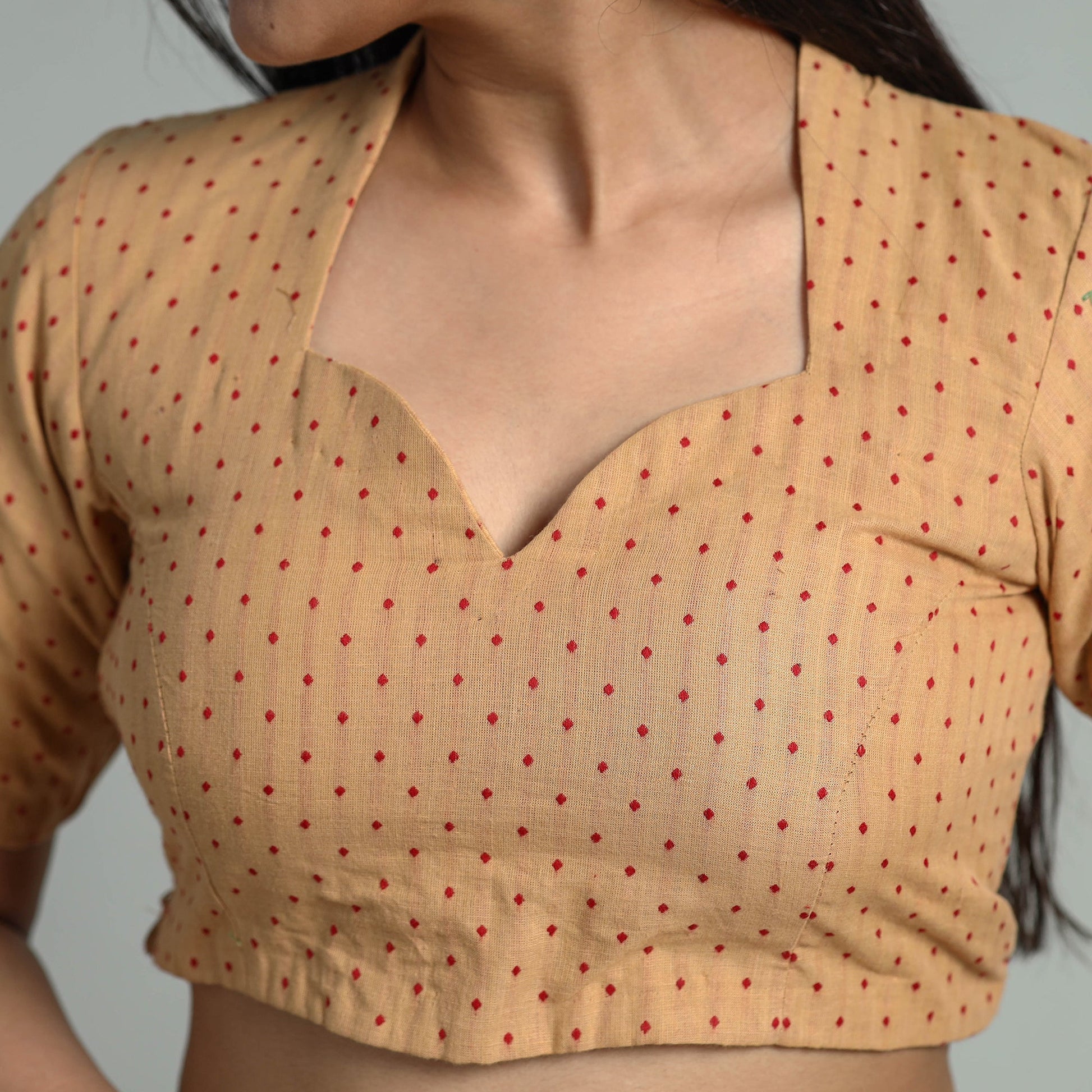 Brown - Jacquard Weave Cotton Stitched Blouse 08