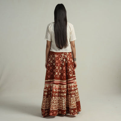 Brown - Hand Batik Printed Running Stitch Cotton Long Skirt 114