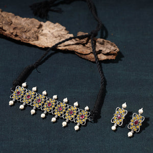 Antique Silver Finish Oxidised Brass Base Stone Work Choker Necklace Set