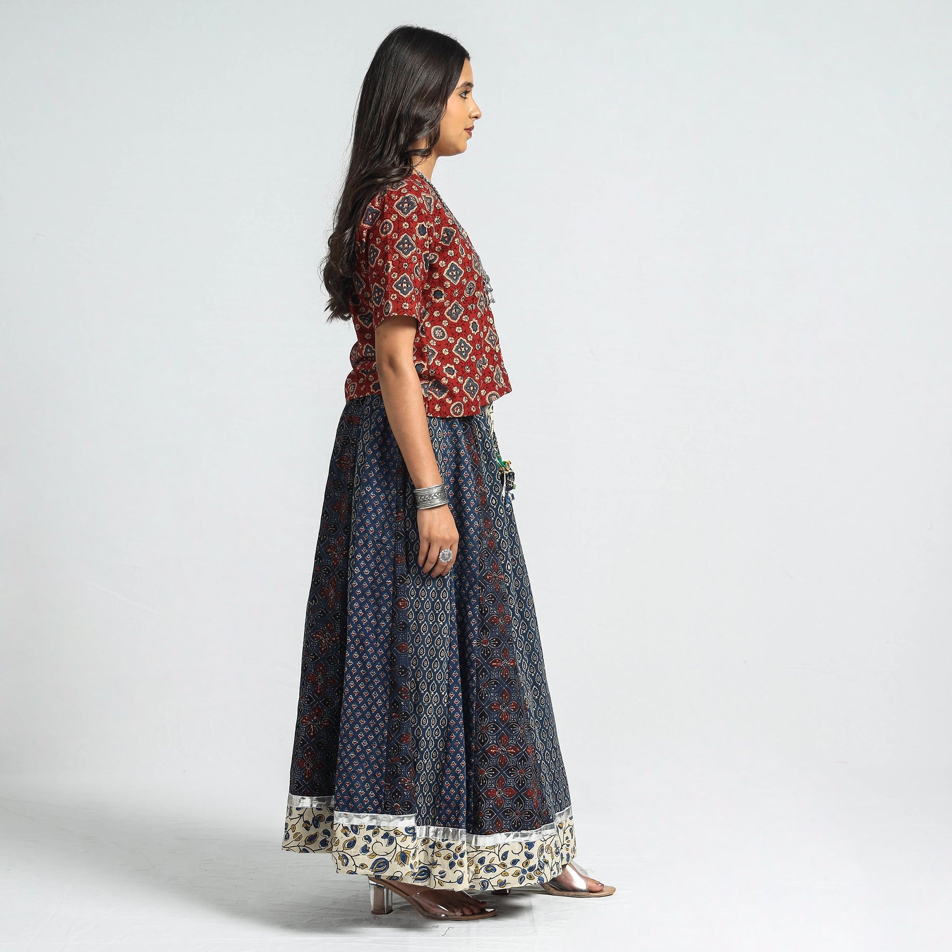 Blue - Ajrakh Block Printed 24 Kali Patchwork Cotton Long Skirt
