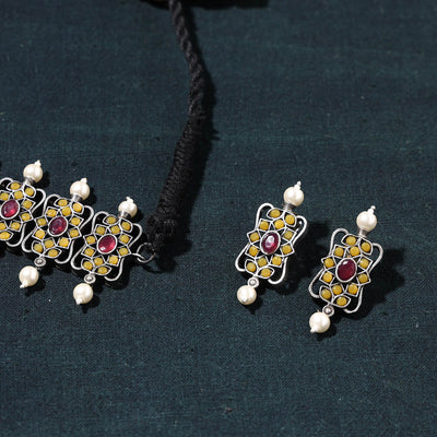 Antique Silver Finish Oxidised Brass Base Stone Work Choker Necklace Set