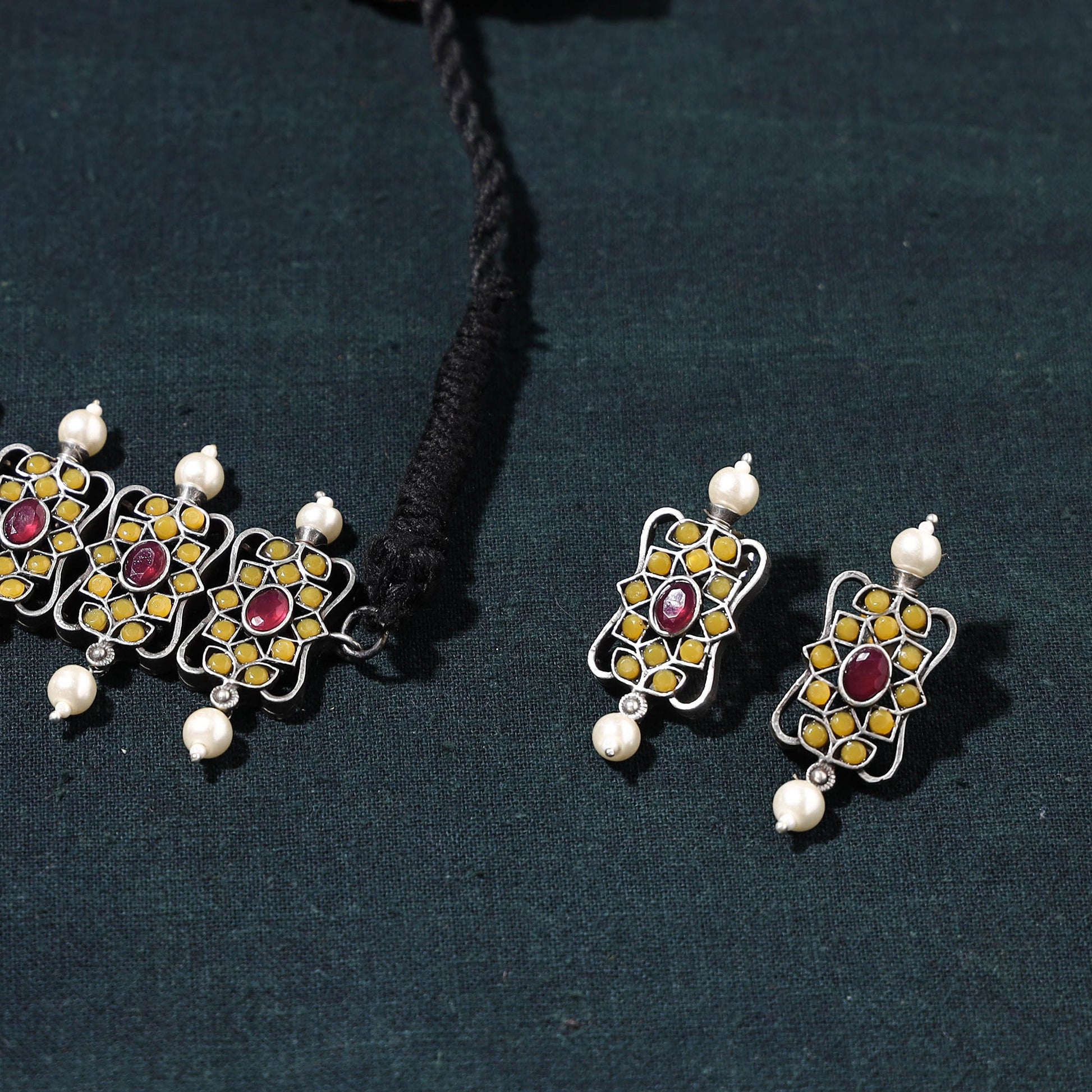 Antique Silver Finish Oxidised Brass Base Stone Work Choker Necklace Set