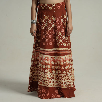 Brown - Hand Batik Printed Running Stitch Cotton Long Skirt 114