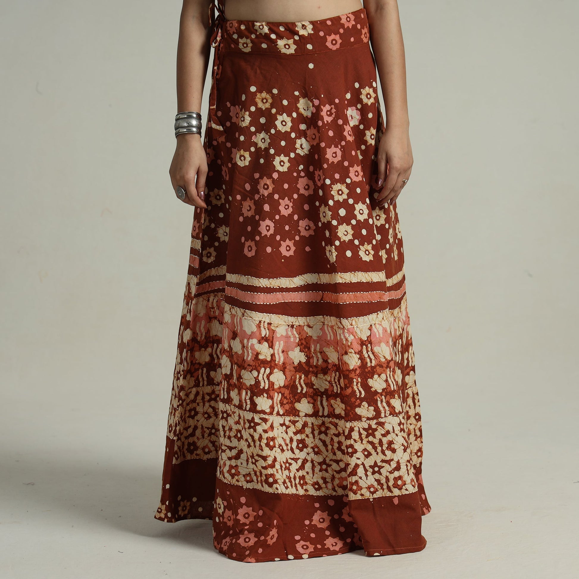Brown - Hand Batik Printed Running Stitch Cotton Long Skirt 114