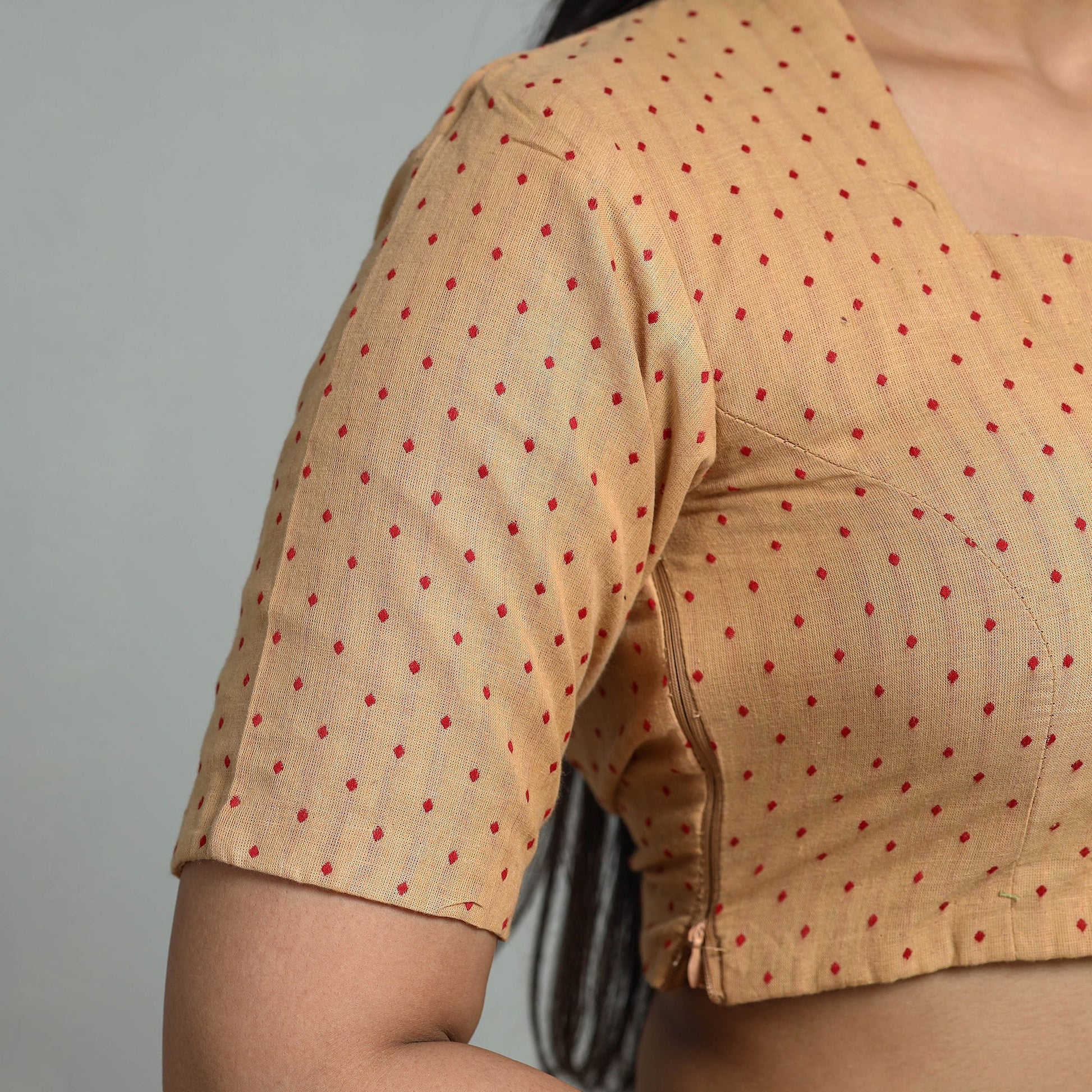Brown - Jacquard Weave Cotton Stitched Blouse 08