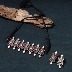 Antique Silver Finish Oxidised Brass Base Stone Work Choker Necklace Set