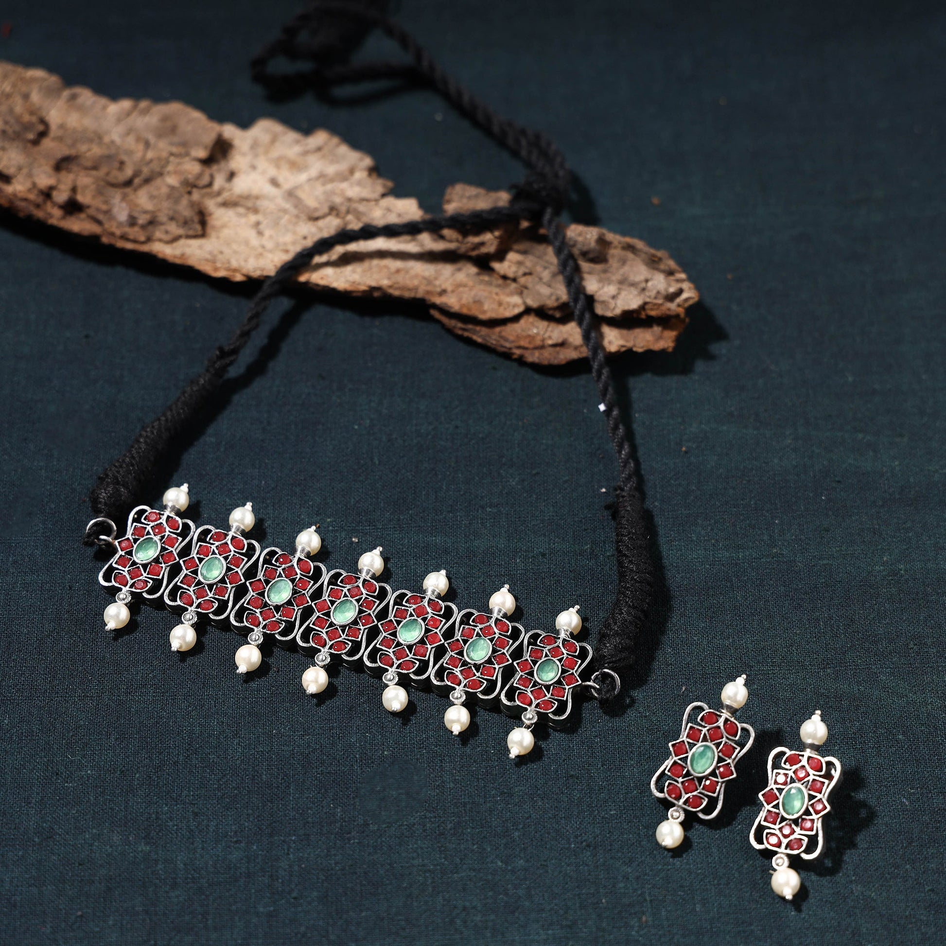 Antique Silver Finish Oxidised Brass Base Stone Work Choker Necklace Set