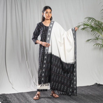 Black - Pochampally Ikat Weave Cotton Kurta with Palazzo & Dupatta Set