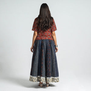 Blue - Ajrakh Block Printed 24 Kali Patchwork Cotton Long Skirt