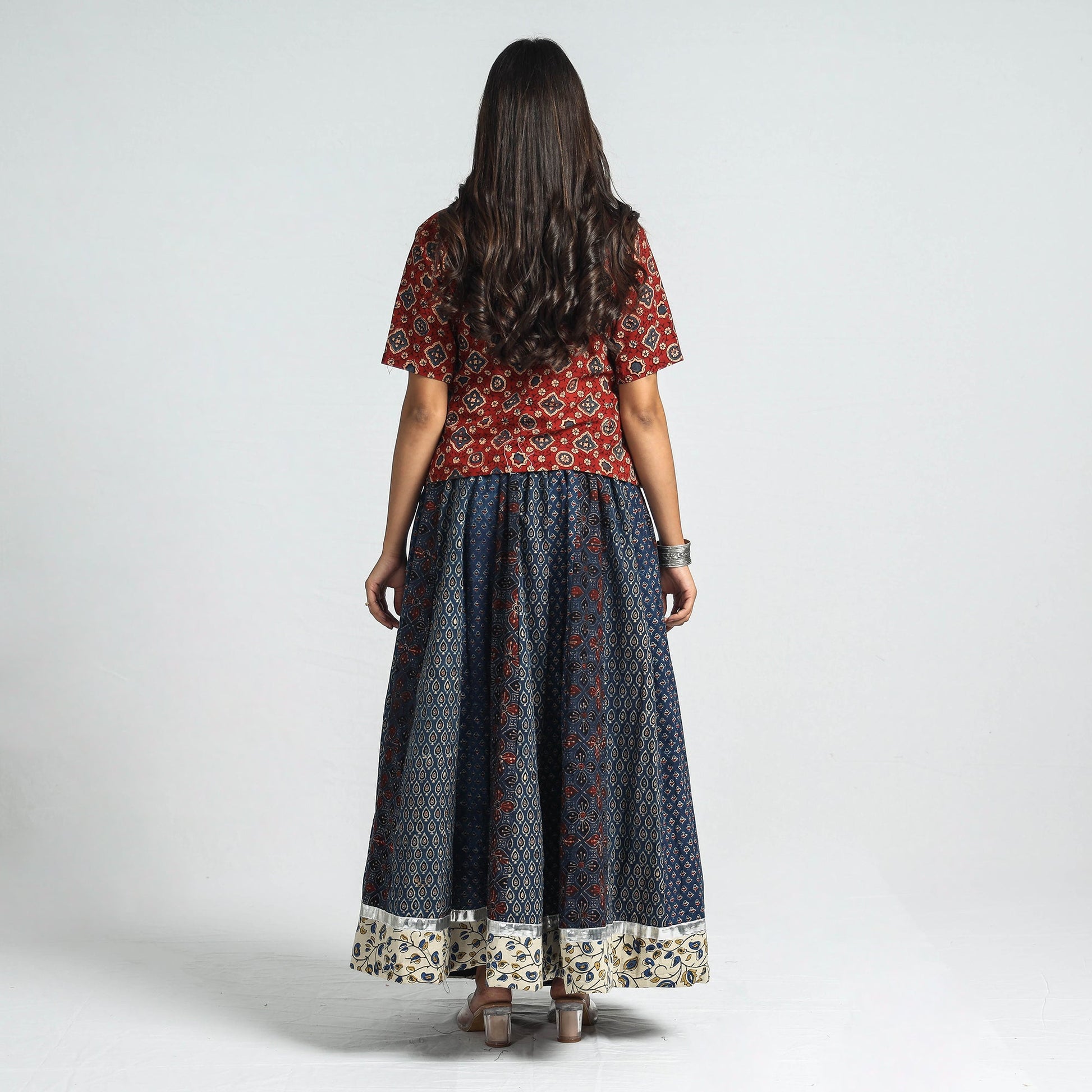 Blue - Ajrakh Block Printed 24 Kali Patchwork Cotton Long Skirt