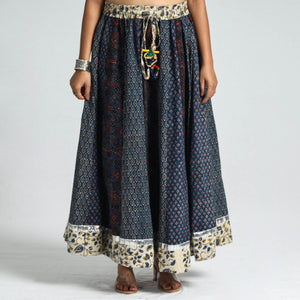 Blue - Ajrakh Block Printed 24 Kali Patchwork Cotton Long Skirt