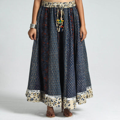 Blue - Ajrakh Block Printed 24 Kali Patchwork Cotton Long Skirt