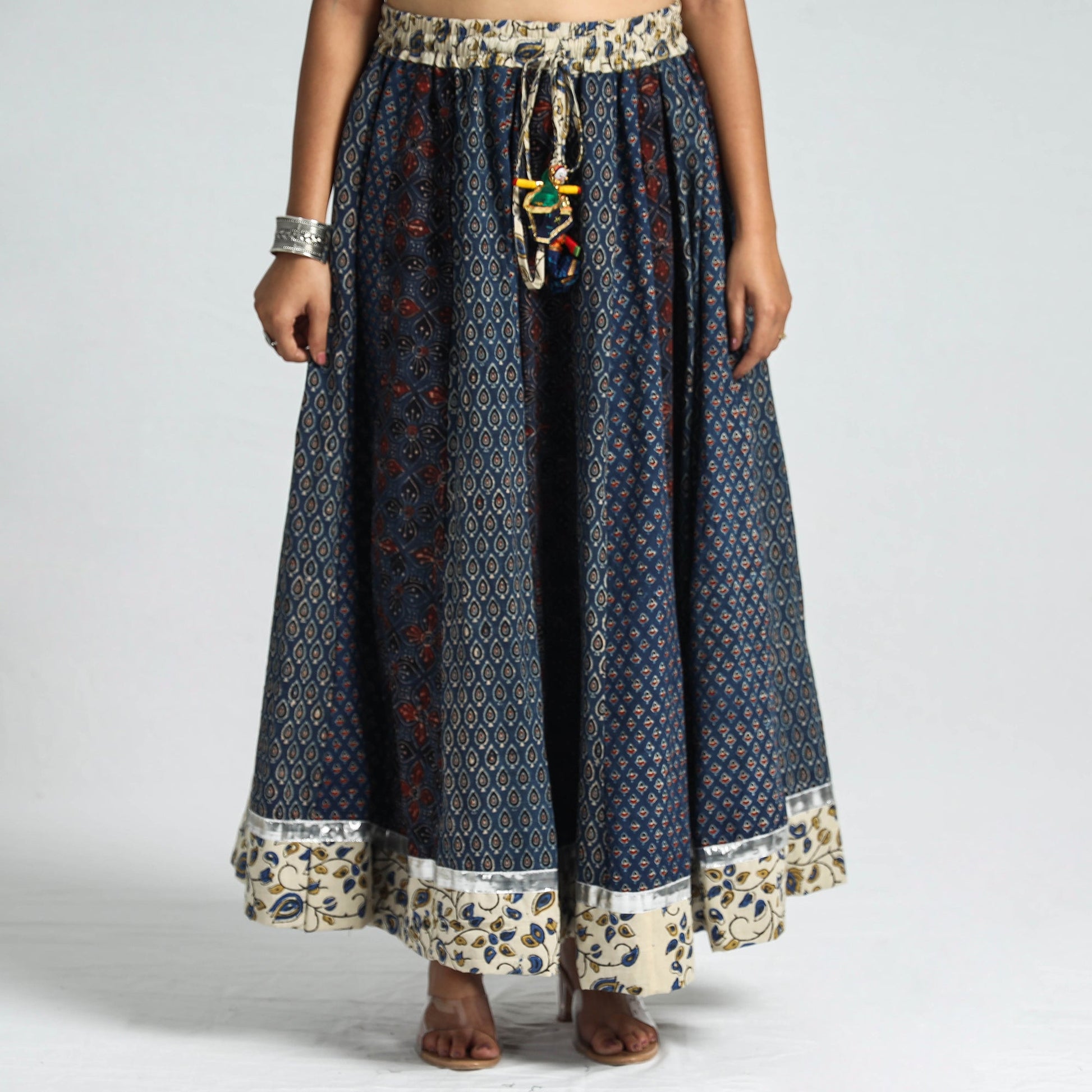 Blue - Ajrakh Block Printed 24 Kali Patchwork Cotton Long Skirt