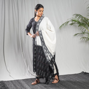 Black - Pochampally Ikat Weave Cotton Kurta with Palazzo & Dupatta Set