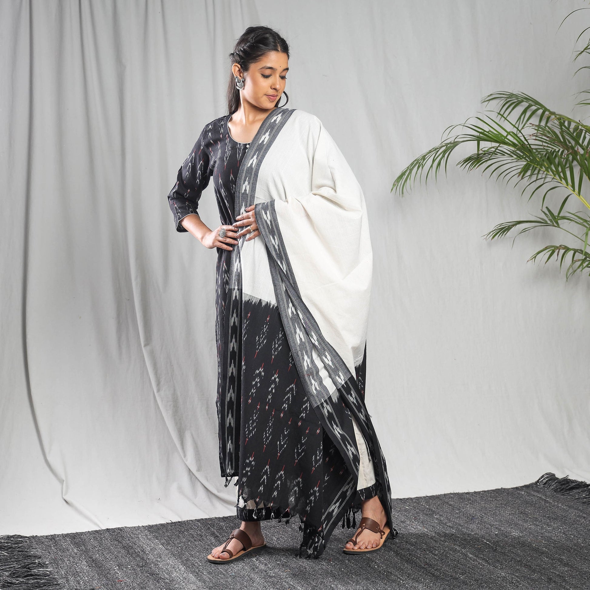 Black - Pochampally Ikat Weave Cotton Kurta with Palazzo & Dupatta Set