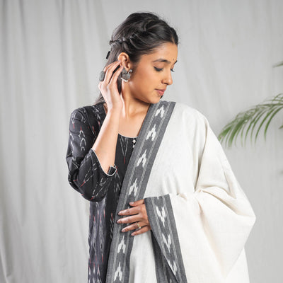 Black - Pochampally Ikat Weave Cotton Kurta with Palazzo & Dupatta Set