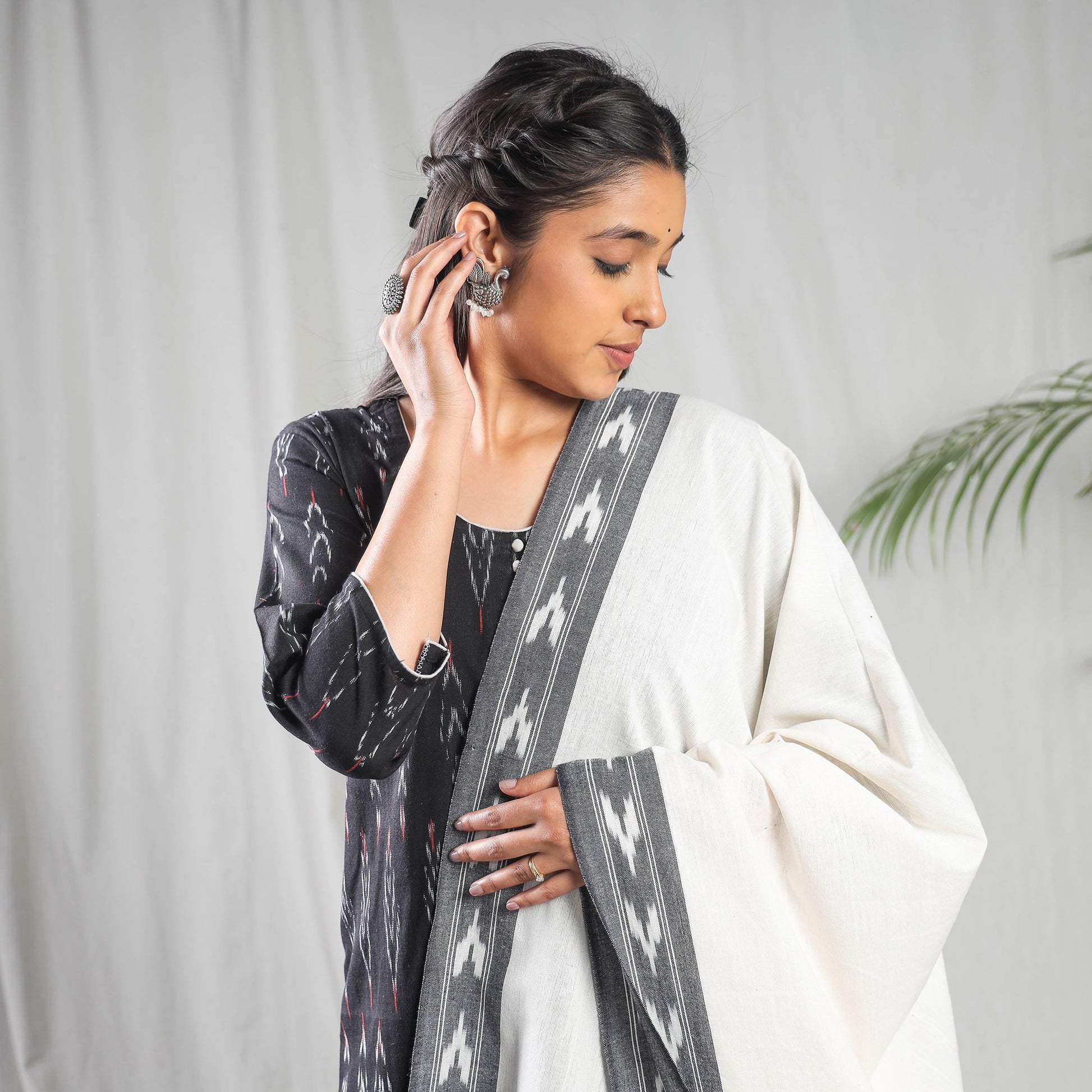 Black - Pochampally Ikat Weave Cotton Kurta with Palazzo & Dupatta Set
