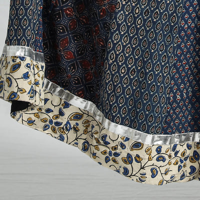 Blue - Ajrakh Block Printed 24 Kali Patchwork Cotton Long Skirt