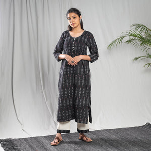 Black - Pochampally Ikat Weave Cotton Kurta with Palazzo & Dupatta Set