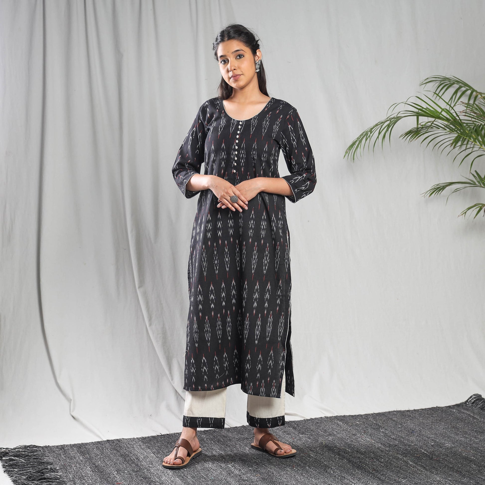 Black - Pochampally Ikat Weave Cotton Kurta with Palazzo & Dupatta Set