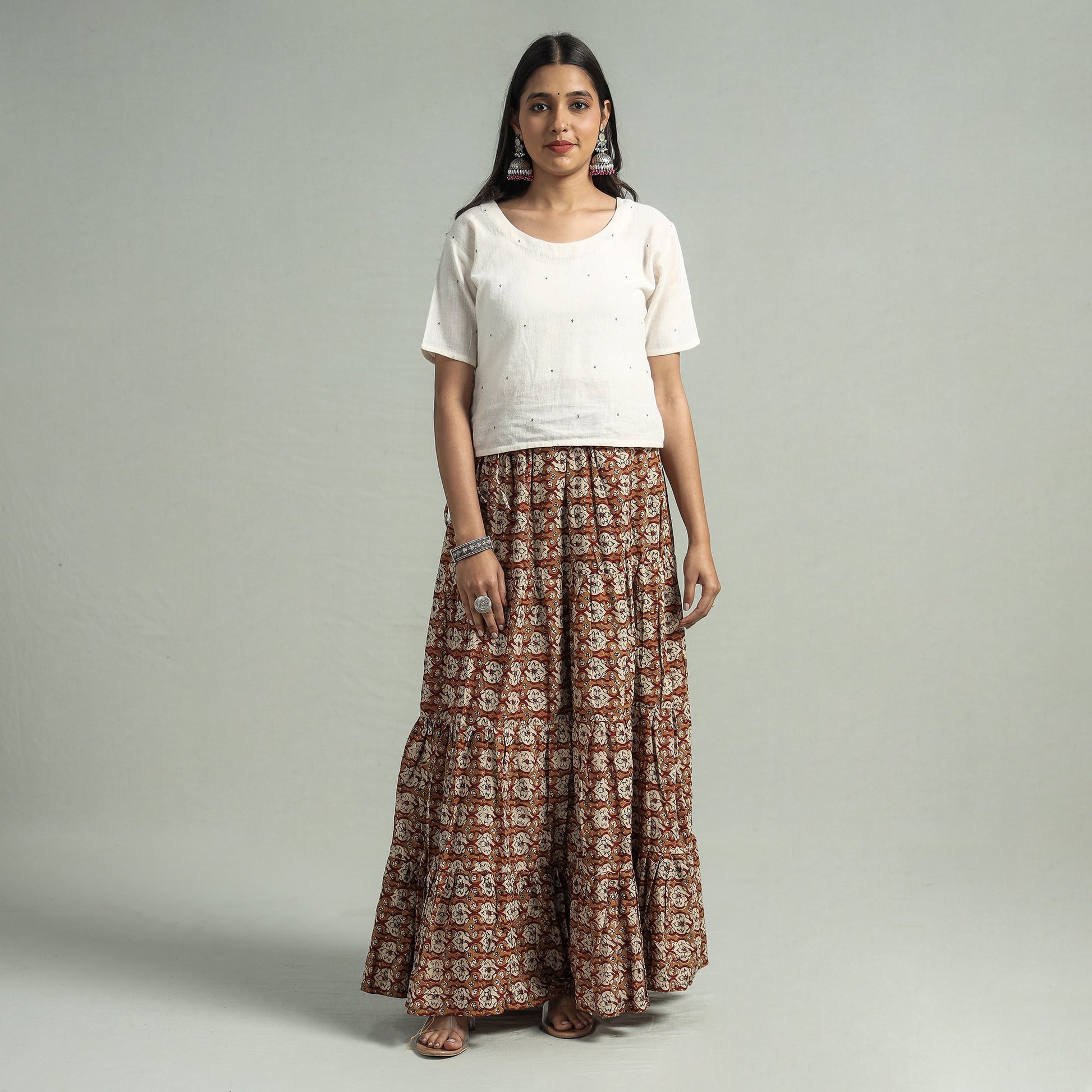 Brown - Sanganeri Block Printed Tiered Cotton Long Skirt