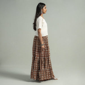 Brown - Sanganeri Block Printed Tiered Cotton Long Skirt