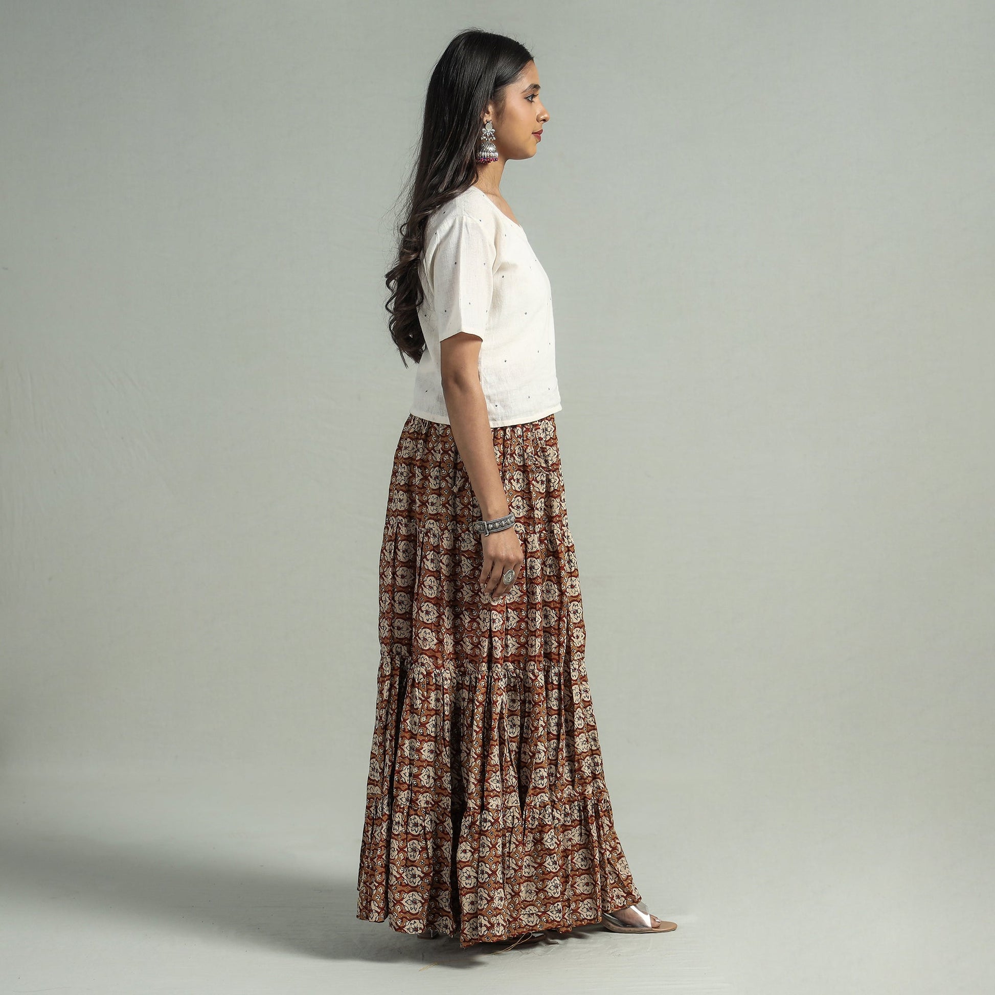 Brown - Sanganeri Block Printed Tiered Cotton Long Skirt