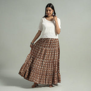 Brown - Sanganeri Block Printed Tiered Cotton Long Skirt