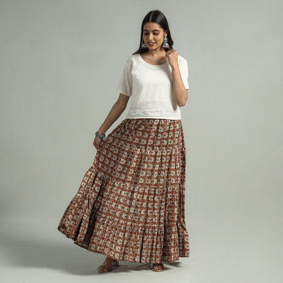 Brown - Sanganeri Block Printed Tiered Cotton Long Skirt