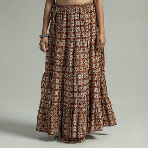 Brown - Sanganeri Block Printed Tiered Cotton Long Skirt