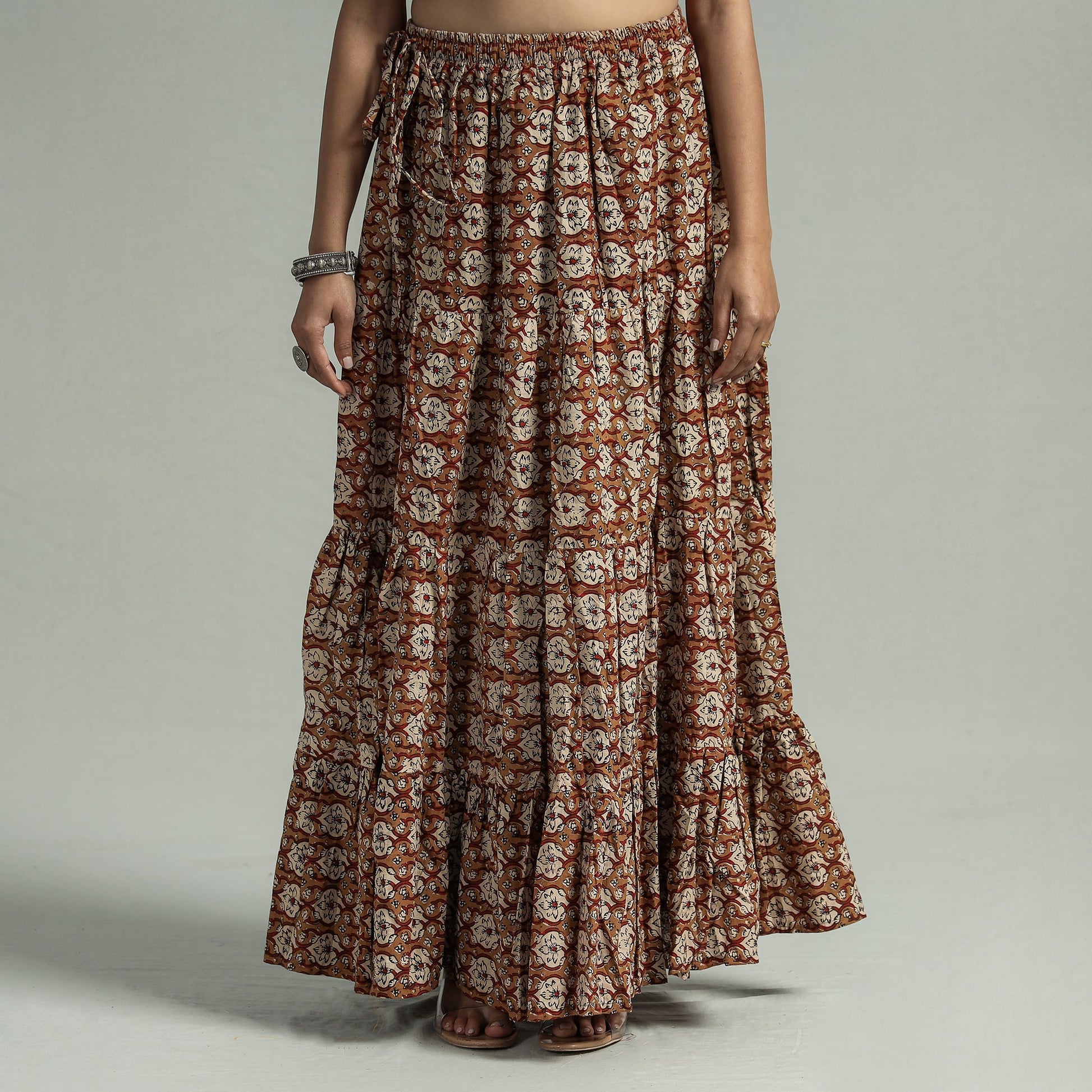 Brown - Sanganeri Block Printed Tiered Cotton Long Skirt