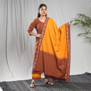 Brown - Pochampally Ikat Cotton Kurta with Palazzo & Dupatta Set