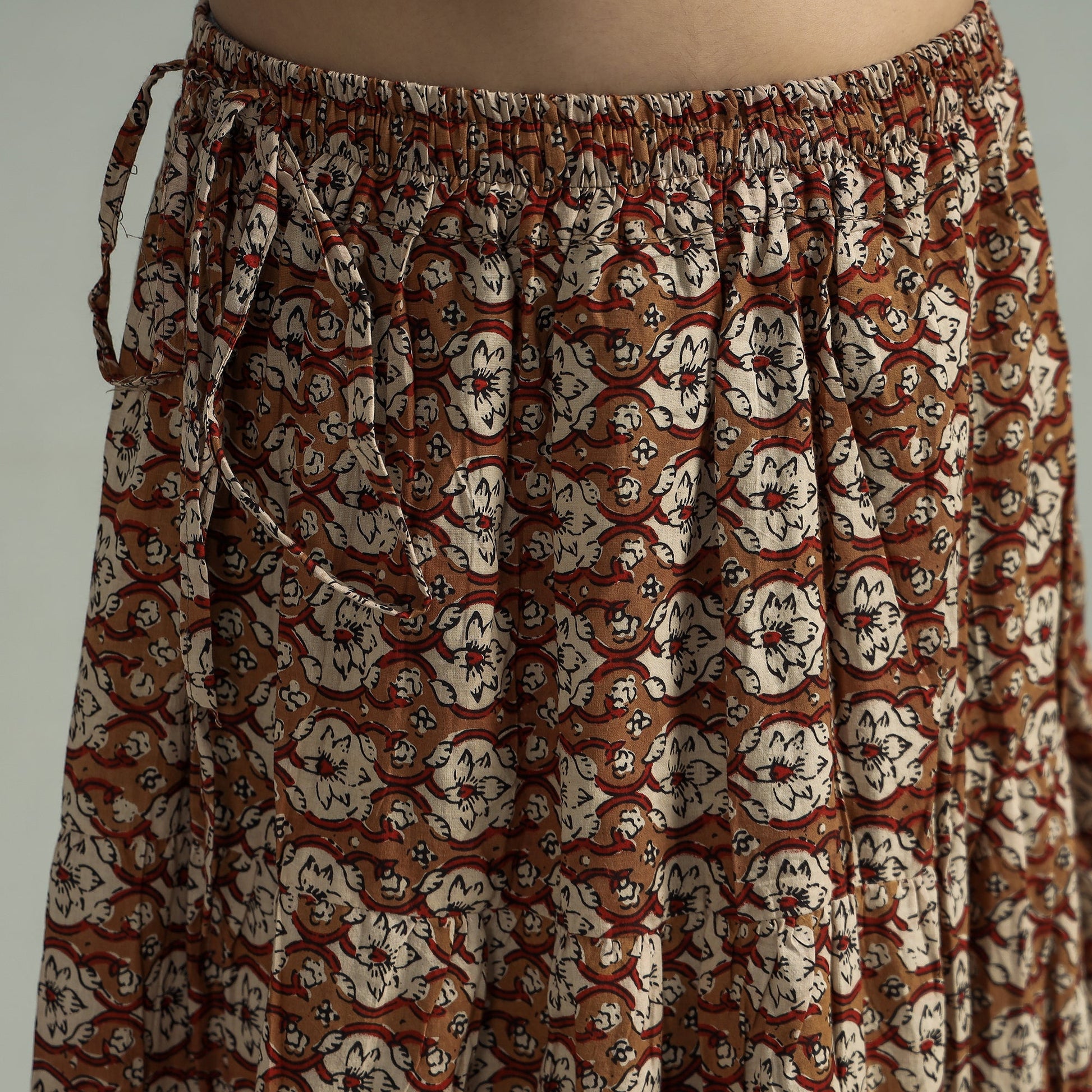 Brown - Sanganeri Block Printed Tiered Cotton Long Skirt