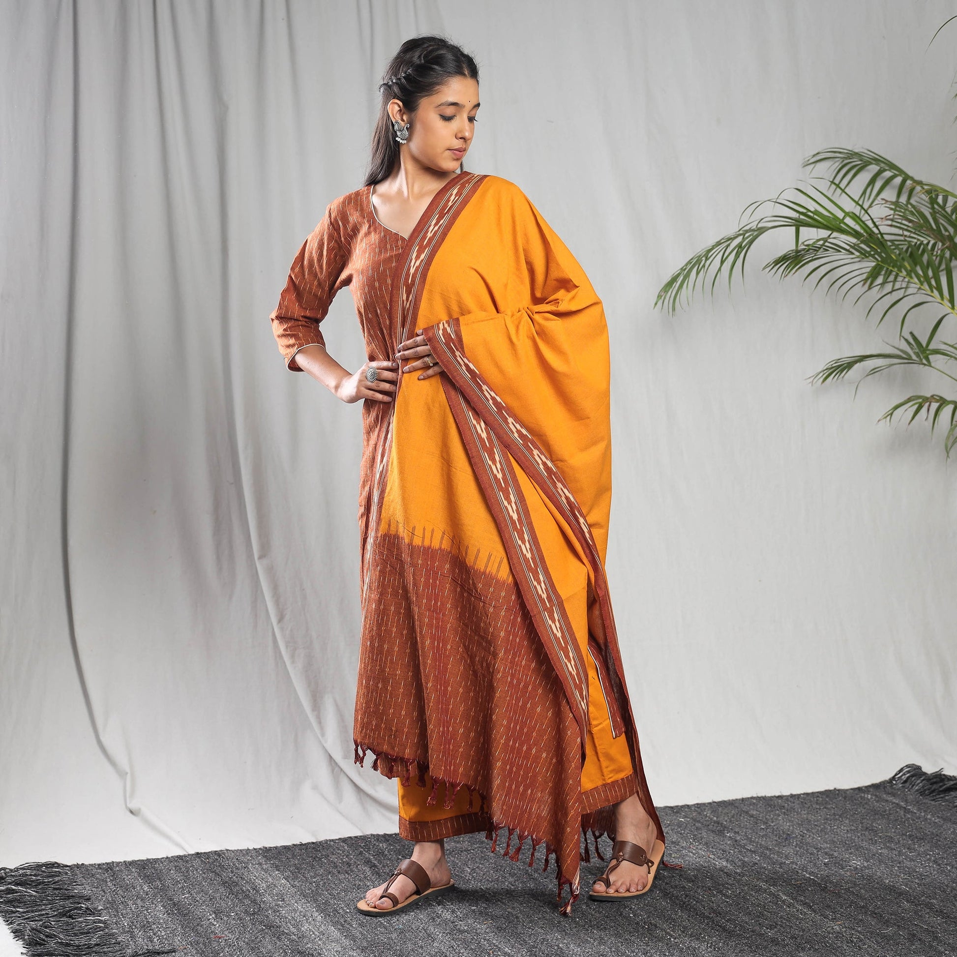 Brown - Pochampally Ikat Cotton Kurta with Palazzo & Dupatta Set