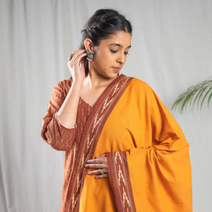 Brown - Pochampally Ikat Cotton Kurta with Palazzo & Dupatta Set