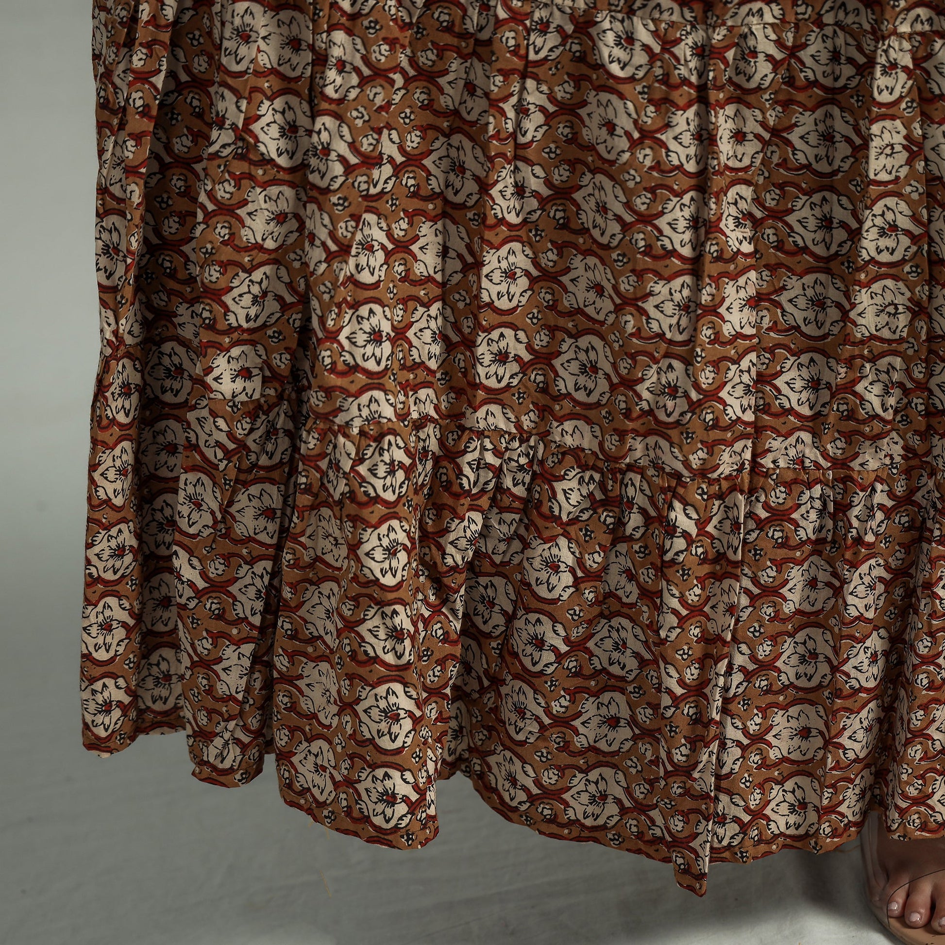 Brown - Sanganeri Block Printed Tiered Cotton Long Skirt