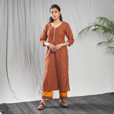 Brown - Pochampally Ikat Cotton Kurta with Palazzo & Dupatta Set