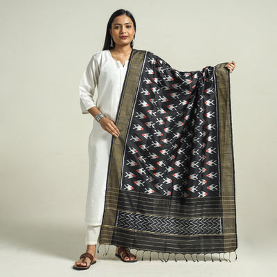 Black - Handwoven Pochampally Ikat Pure Mulberry Silk Dupatta with Tassels