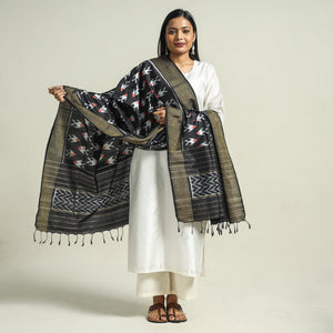 Black - Handwoven Pochampally Ikat Pure Mulberry Silk Dupatta with Tassels