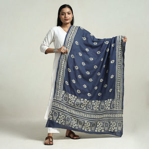 Blue - Bolpur Kantha Embroidery Cotton Handloom Dupatta with Tassels