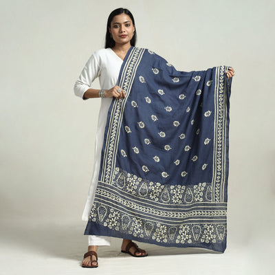 Blue - Bolpur Kantha Embroidery Cotton Handloom Dupatta with Tassels