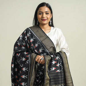 Black - Handwoven Pochampally Ikat Pure Mulberry Silk Dupatta with Tassels