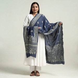 Blue - Bolpur Kantha Embroidery Cotton Handloom Dupatta with Tassels
