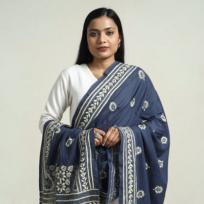 Blue - Bolpur Kantha Embroidery Cotton Handloom Dupatta with Tassels