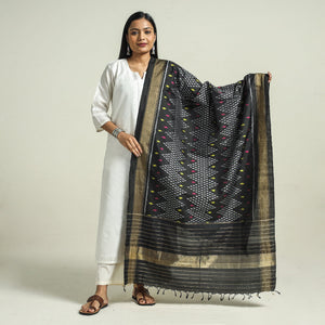Black - Handwoven Pochampally Ikat Pure Mulberry Silk Dupatta with Tassels
