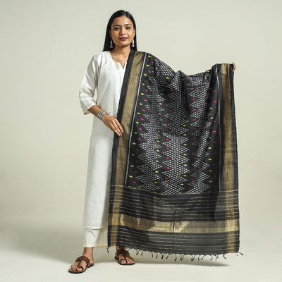 Black - Handwoven Pochampally Ikat Pure Mulberry Silk Dupatta with Tassels