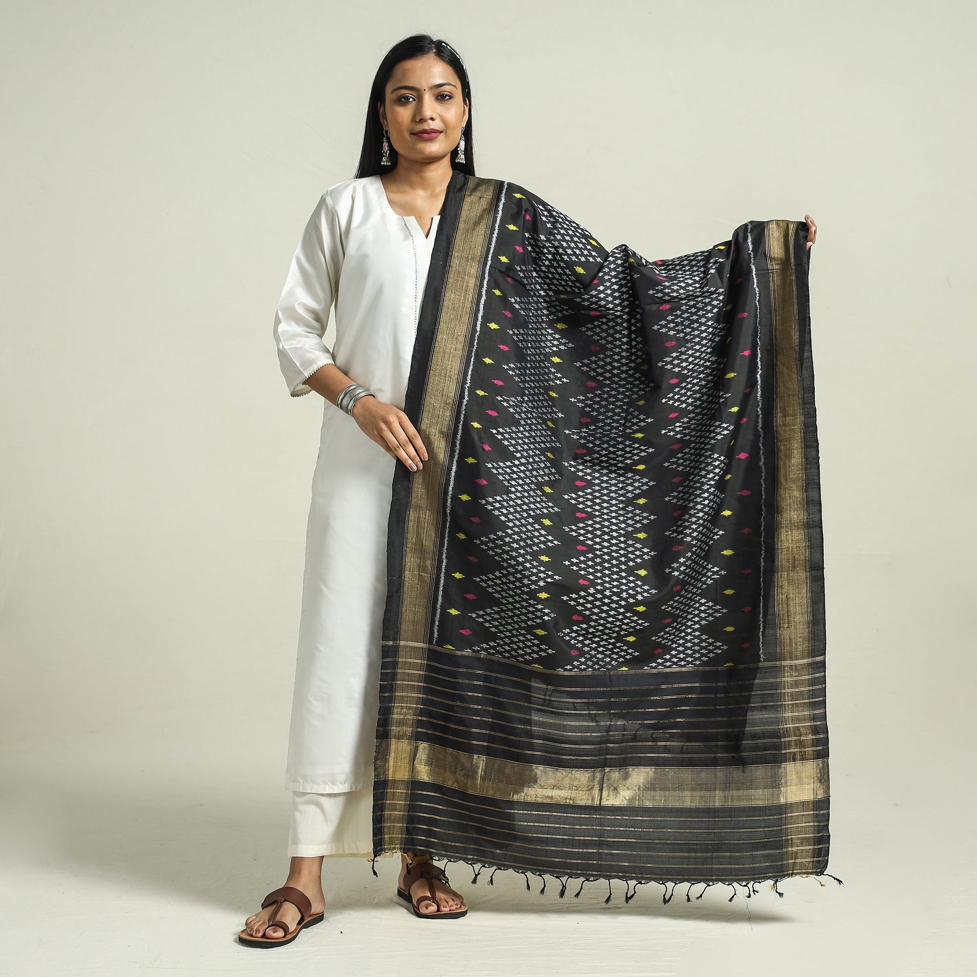 Black - Handwoven Pochampally Ikat Pure Mulberry Silk Dupatta with Tassels