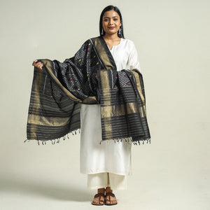 Black - Handwoven Pochampally Ikat Pure Mulberry Silk Dupatta with Tassels