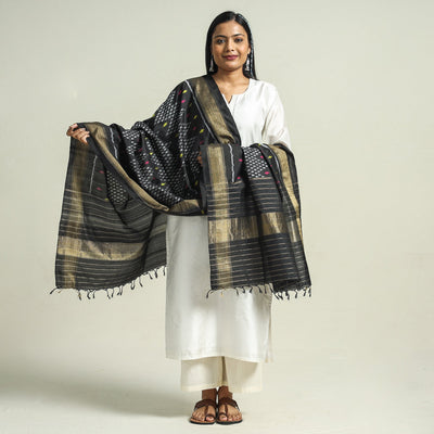 Black - Handwoven Pochampally Ikat Pure Mulberry Silk Dupatta with Tassels